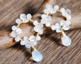 Moonstone circle stud earrings, Handmade gemstone earrings, June birthday gift for her, Dainty wedding jewelry
