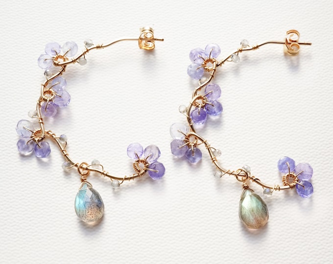Featured listing image: Blue Purple Tanzanite Gold Vine Hoops, Labradorite Drop Dangle, Delicate Boho Bridal Jewelry
