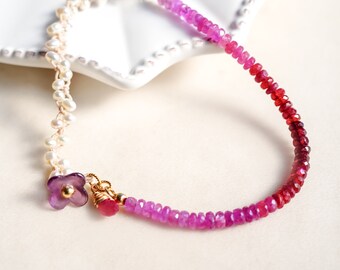 Ruby and Pearl Beads Elegant Stretch Bracelet, Pink Red Birthstone, 14K gf Birthday Gift for her