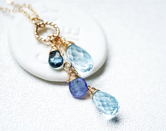 Sky Blue Topaz Tanzanite Cluster Pendant, 14K Gold Filled, Teardrop Gemstone Necklace