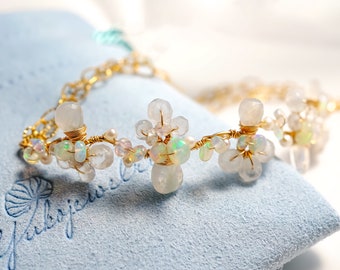 Moonstone Ethiopian Opal Floral Bracelet for Wedding in 14K Gold filled, Boho Casual Wedding, Wire wrapped Handmade Jewelry