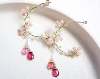 Cherry Blossom Chandelier Hoop Earrings Pink Opal & Tourmaline Jewelry, Sterling Silver