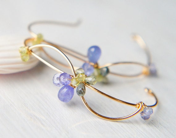 Tanzanite and Sapphire Earrings, Blue and Green Gemstone Earrings, Wavy Earrings, Nature Inspired Japanese Jewelry