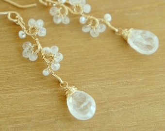 Moonstone Teardrop Wedding Earrings, 14K Gold Filled Silver Floral Jewelry, June Birthstone