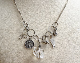 Herkimer Tree of Life Charm Oxidized Sterling Silver Necklace , Healing Quartz Crystal Jewelry
