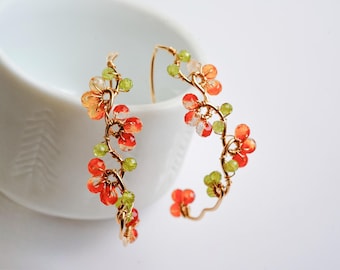 Orange Carnelian Hoop, 14K Gold Filled Earrings, Blossoms Flower Vine Gemstone Jewelry