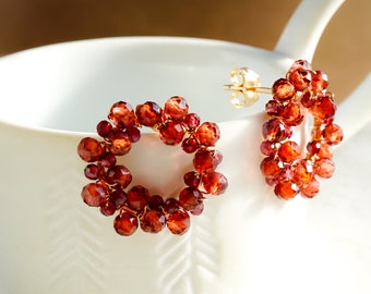 Red Garnet Beads Circle Studs, 14K Gold filled, January Birthstone Jewelry, Anniversary Birthday gift