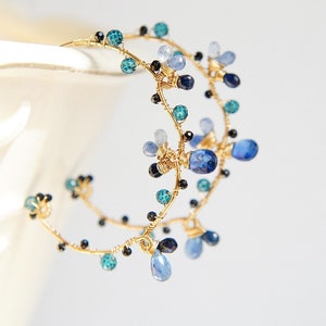 Nature inspired blue gemstone hoop earrings, Wire wrapped gold earrings, Handmade jewelry image 2