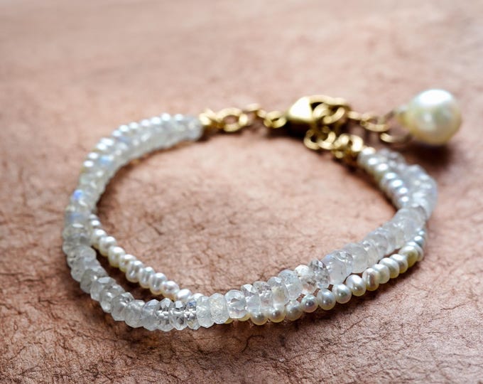 Featured listing image: Pearl Rainbow Moonstone Double Bracelet, Akoya Pearl, 14K Gold filled Adjustable Chain