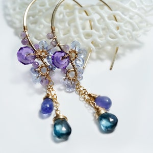 London Blue Topaz Chandelier Hoop Earrings, 14k Gold filled Silver, Blue Purple Gemstone Jewelry
