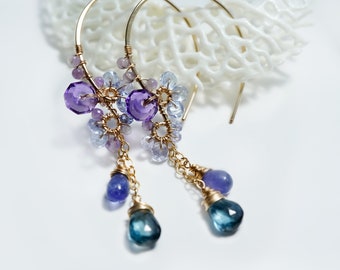 London Blue Topaz Earrings, Tanzanite Amethyst Chandelier Hoop, 14k gold filled Sterling silver