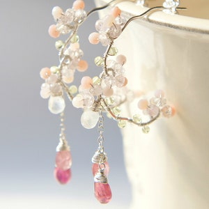 Cherry blossom Chandelier Earrings in Sterling silver, Light Pink Gemstone Jewelry for Wedding, Floral Earrings