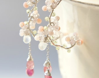 Orecchini lampadario con fiori di ciliegio in argento sterling, gioielli con pietre preziose rosa chiaro per matrimonio, orecchini floreali