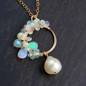 Ethiopian Opal Akoya Pearl Delicate Necklace, Welo White Opal Jewelry Gifts for mom, wife