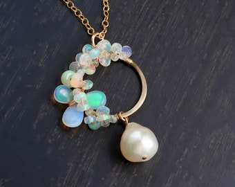 Ethiopian Opal Necklace Baroque Akoya Pearl, 14K Gold Filled