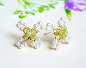 Pearl and Peridot Bridal Stud Earrings, 14K Gold Filled Gemstone Jewelry