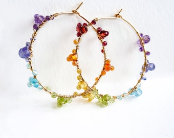 Rainbow Gemstone Hoop Earrings, Multi Color Sapphire Peridot Quartz, Colorful Boho Jewelry