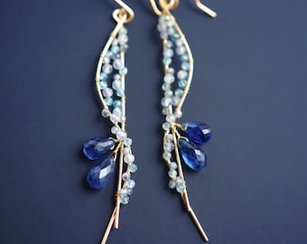Blue Topaz Long Earrings, 14K Gold Filled, Kyanite Gemstone, November birthstone Jewelry