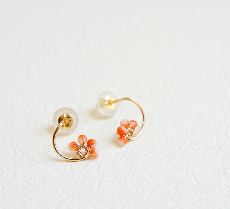Tiny Solid Gold Earrings. Japanese Orange Coral 14k Gold Studs No Dyed Natural Coral Earrings