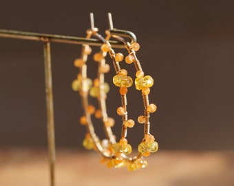 Yellow Orange Gemstone Gold Hoop, Sapphire Jewelry, Birthday gift, Wire wrapped Jewelry