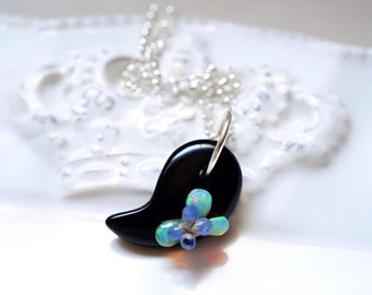 Onyx Magatama Black Stone Pendant: Sterling Silver Chain, Opal Sapphire, One of a kind Jewelry