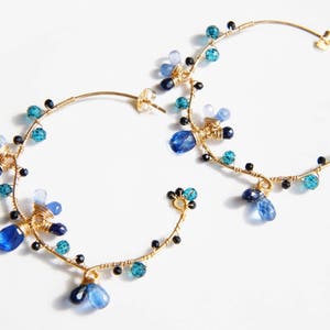 Nature inspired blue gemstone hoop earrings, Wire wrapped gold earrings, Handmade jewelry image 1