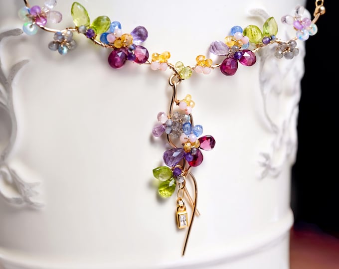 Featured listing image: Botanical Vine Necklace, Garnet Peridot 14K Gold Filled, Wire wrapped Gemstone Jewelry