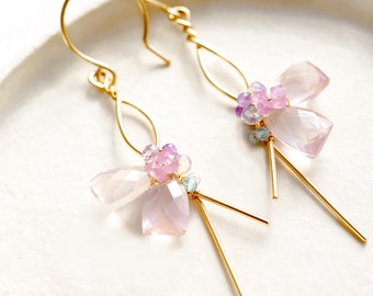 Rose Quartz Earrings, 14K Gold Filled, Lught Pink Gemstone, Cherry Blossom Jewelry