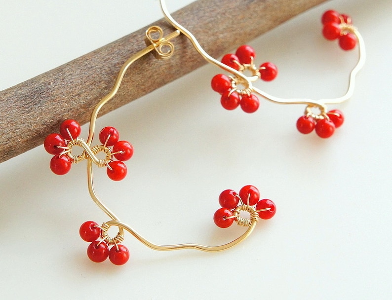 Plum Branch Earrings Gold filled Hoop Red Berry Red Coral Vine Earrings Japanese Jewelry