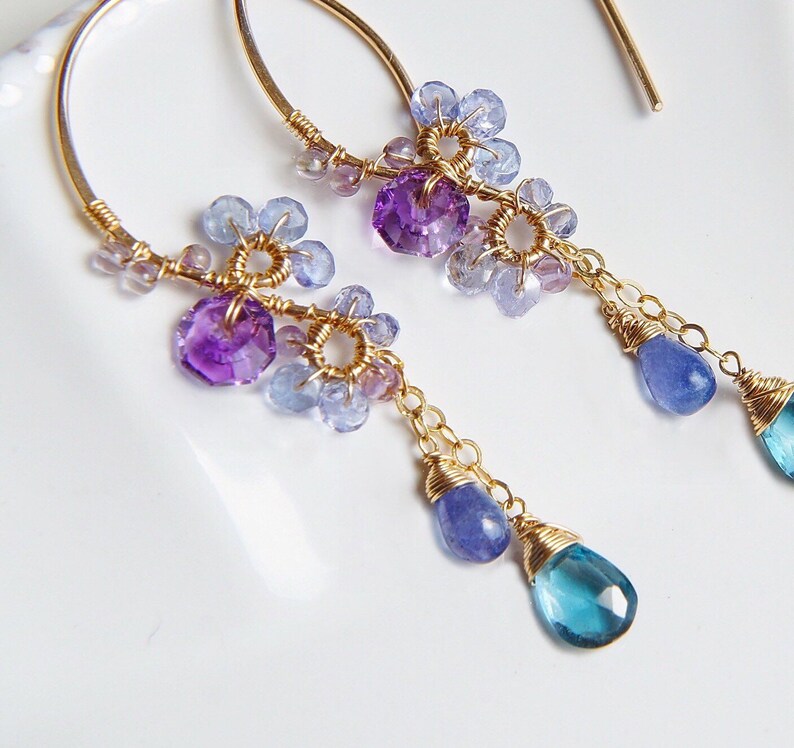 London Blue Topaz 2024 Earrings, Tanzanite Amethyst Chandelier Hoop, 14k gold filled Sterling silver