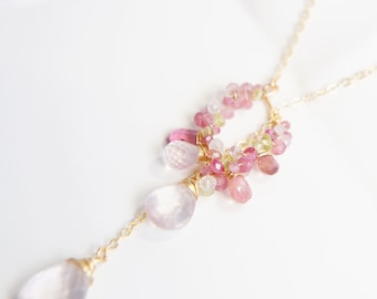 Pink Gemstones Lariat Necklace/Cherry Blossom Handmade in Japan, Rose Quartz Elegant Japanese Jewelry