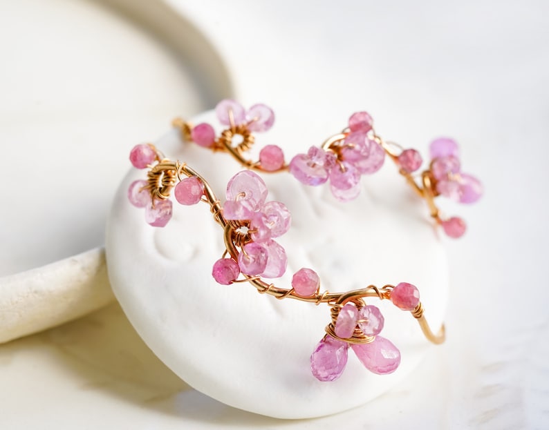 Cherry Blossom Pink Floral Earrings in Gold filled, Pink Sapphire Jewelry, Wedding gift for Bride image 7