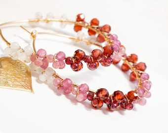 Pink Tourmaline Red and Garnet Romantic Earrings in Gold filled, Wire wrapped Oval Hoop, January Birthstone