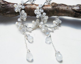 Moonstone Wedding Chandelier Earrings, White Gemstone,  Handmade Japanese Jewelry, Sterling silver