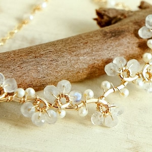 Moonstone and Pearl Delicate Necklace for Wedding in Gold filled or Sterling silver, Small White Flower Necklace, Boho Wedding Jewelry image 1