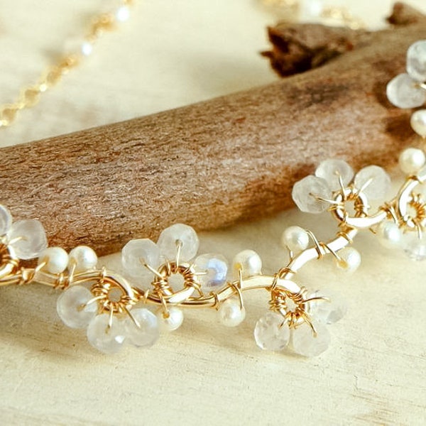 Moonstone and Pearl Delicate Necklace for Wedding in Gold filled or Sterling silver, Small White Flower Necklace, Boho Wedding Jewelry