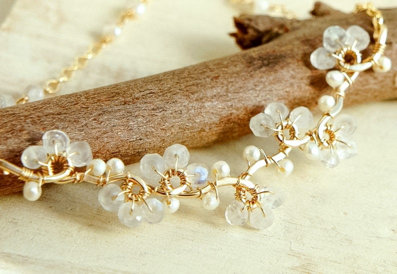 Moonstone and Pearl Delicate Necklace for Wedding in Gold filled or Sterling silver, Small White Flower Necklace, Boho Wedding Jewelry image 1