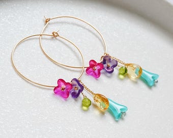 Fuchsia Pink Glass Flower Hoop Earrings, Peridot Citrine Emerald Green Charm, 14K Gold Filled