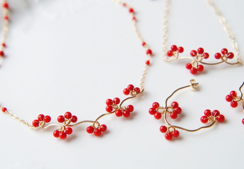Plum Branch Earrings Gold filled Hoop Red Berry Red Coral Vine Earrings Japanese Jewelry
