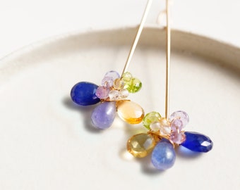 Blue Sapphire Tanzanite Flower Earrings in 14K Gold filled, One of kind Jewelry, Unique Gemstone Earrings Gift for Woman