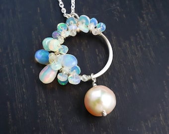 Ethiopian Opal and Akoya Pearl Necklace, 14K Gold filled Sterling Silver, Small Pendant