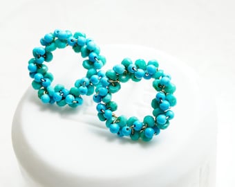 Turquoise Bead Circle Earrings, 14K Gold filled, December Birthstone Gift, Blue Natural Stone Jewelry