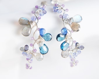 Silver wire wrapped blue gemstone hoop earrings, London blue topaz statement earrings,  Boho chic jewelry
