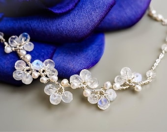 Moonstone & Pearl Flower Necklace, Sterling Silver Pearl Vine, Boho Wedding Jewelry