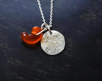 Orange Carnelian Magatama Necklace, Hand Engraved Original Celestial Motif, Artisan Silver Pendant