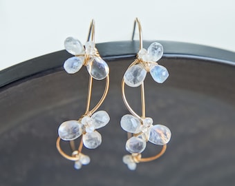 Rainbow Moonstone Large Floral Hoop Earrings, 14K Gold Filled, Wedding Jewelry, June Birthstone
