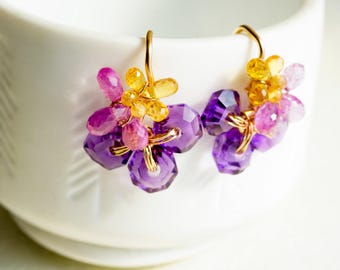 Pink Sapphire Amethyst Flower Earrings, 14K Gold Filled, February Birthstone Jewelry