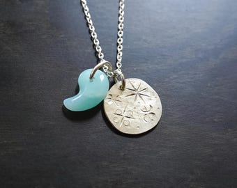 Amazonite Magatama Necklace, Hand Engraved Original Celestial Motif, Artisan Silver Pendant