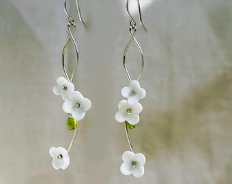 White Flower Earrings in Sterling Silver, Japanese Glass, Wedding Long Dangle Floral Jewelry