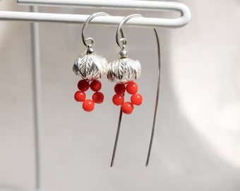 Italian Red Coral Dangle Earrings, Sterling Silver Long Earwires, Handmade Jewelry